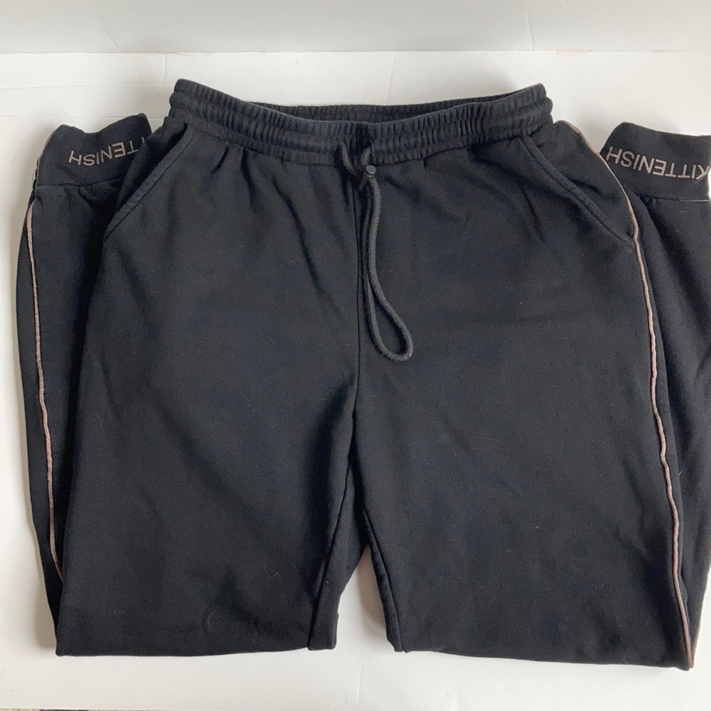Kittenish black w brown piping elastic waist drawstring pocket sweatpant jogger